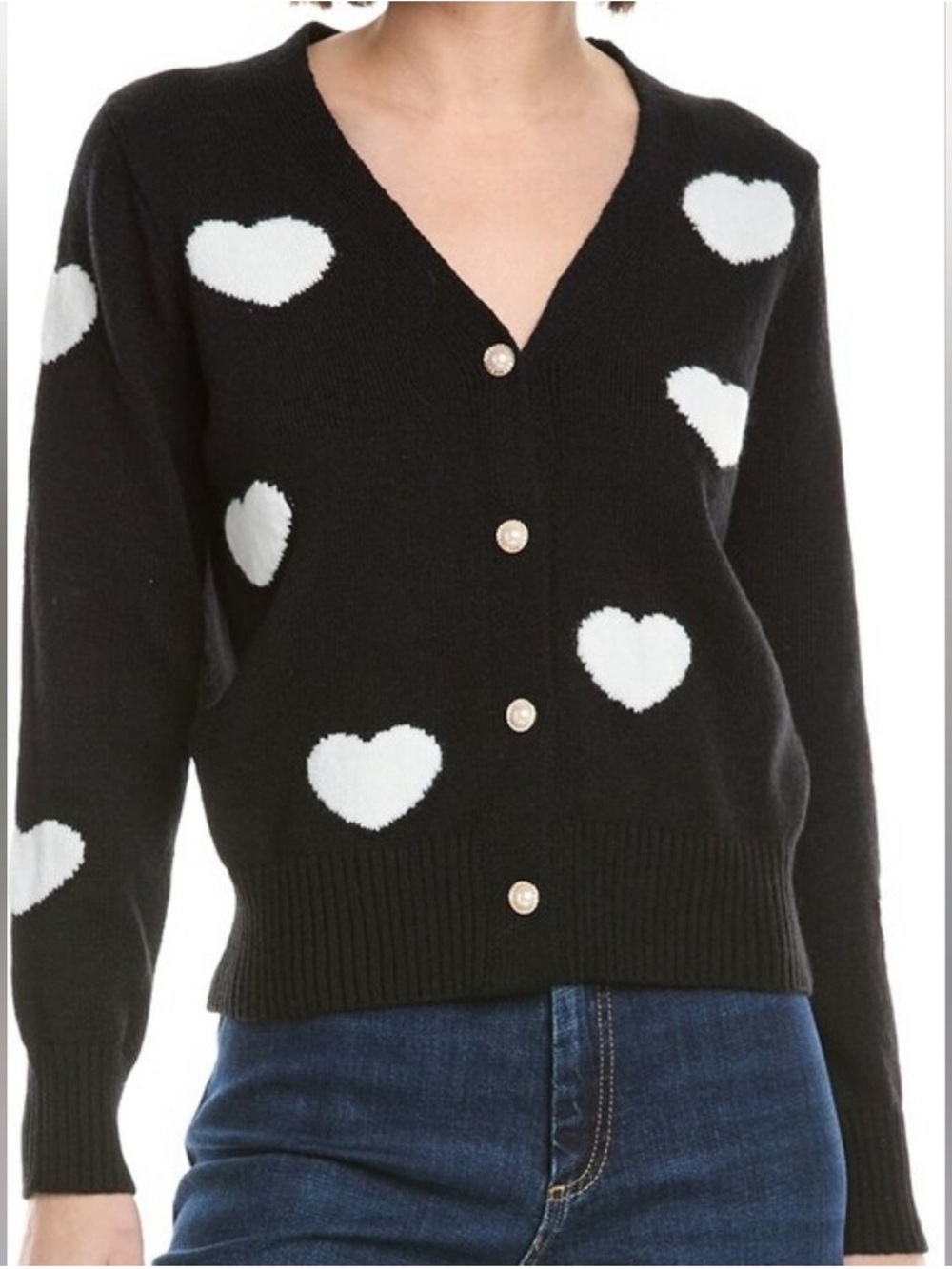 Nanette Lepore Black Cardigan with White Heart Motif Sz Small NWT